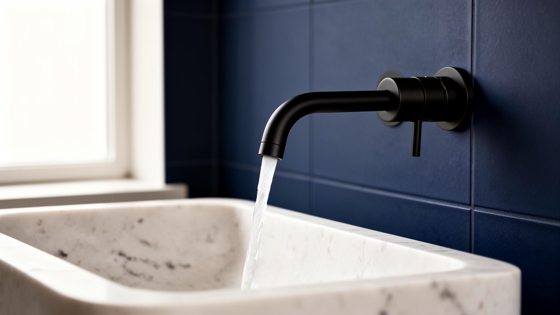 Modern matte black wall-mounted faucet running into a stone basin