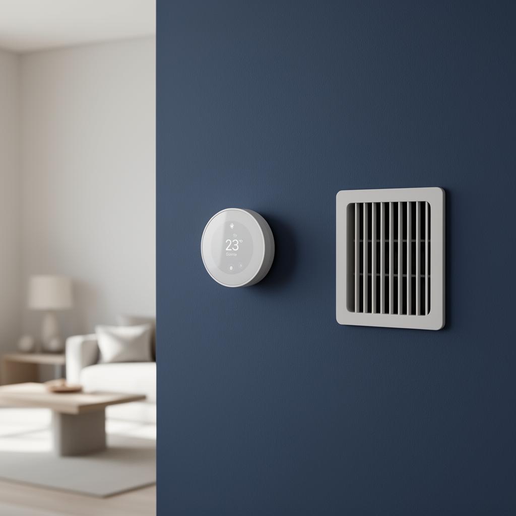 Modern smart thermostat installed on a navy wall